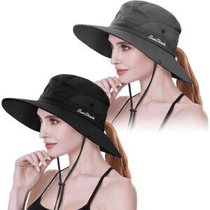 Women's Black & Grey Set Of 2 Wide Brim Mesh Boonie With Chin Strap Cowboy Hats